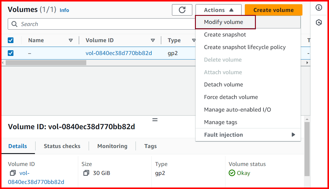 Picture showing the Modify Volume option for modifying the volume size online